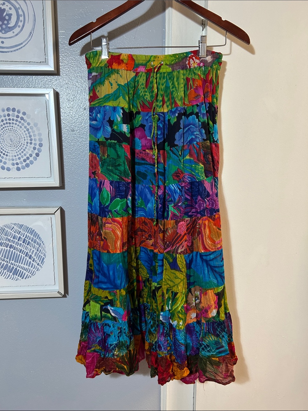 Vintage Phool Bohemian Multicolor Floral Tiered Boho Maxi Skirt Women's Size M
